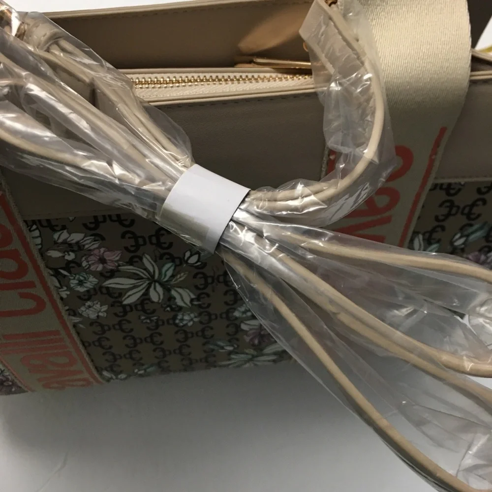 Cavalli Class Serafina Large Top Handle Satchel Crossbody Floral Beige Tote Bag